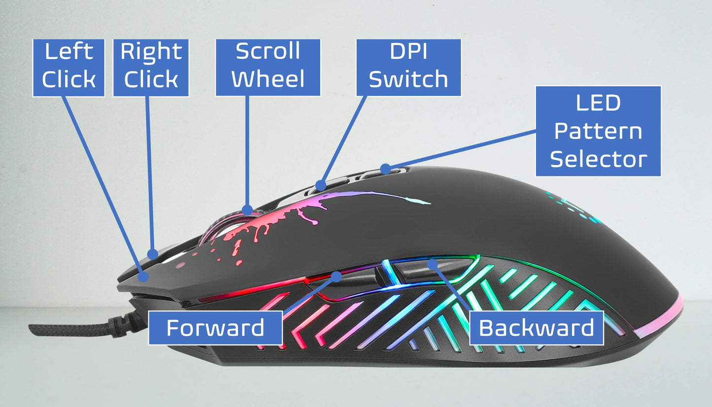 RGB LED Wired Optical USB Gaming Mouse, Seven Buttons with Scroll Wheel, 7200 DPI, LED Lighting, Black