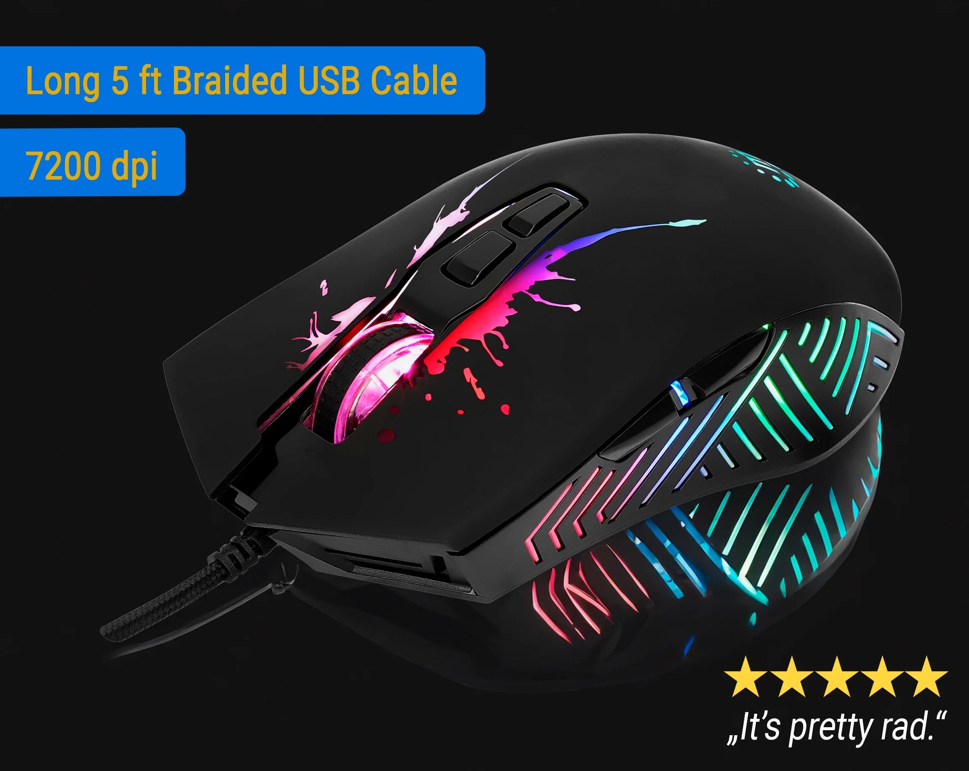 RGB LED Wired Optical USB Gaming Mouse, Seven Buttons with Scroll Wheel, 7200 DPI, LED Lighting, Black