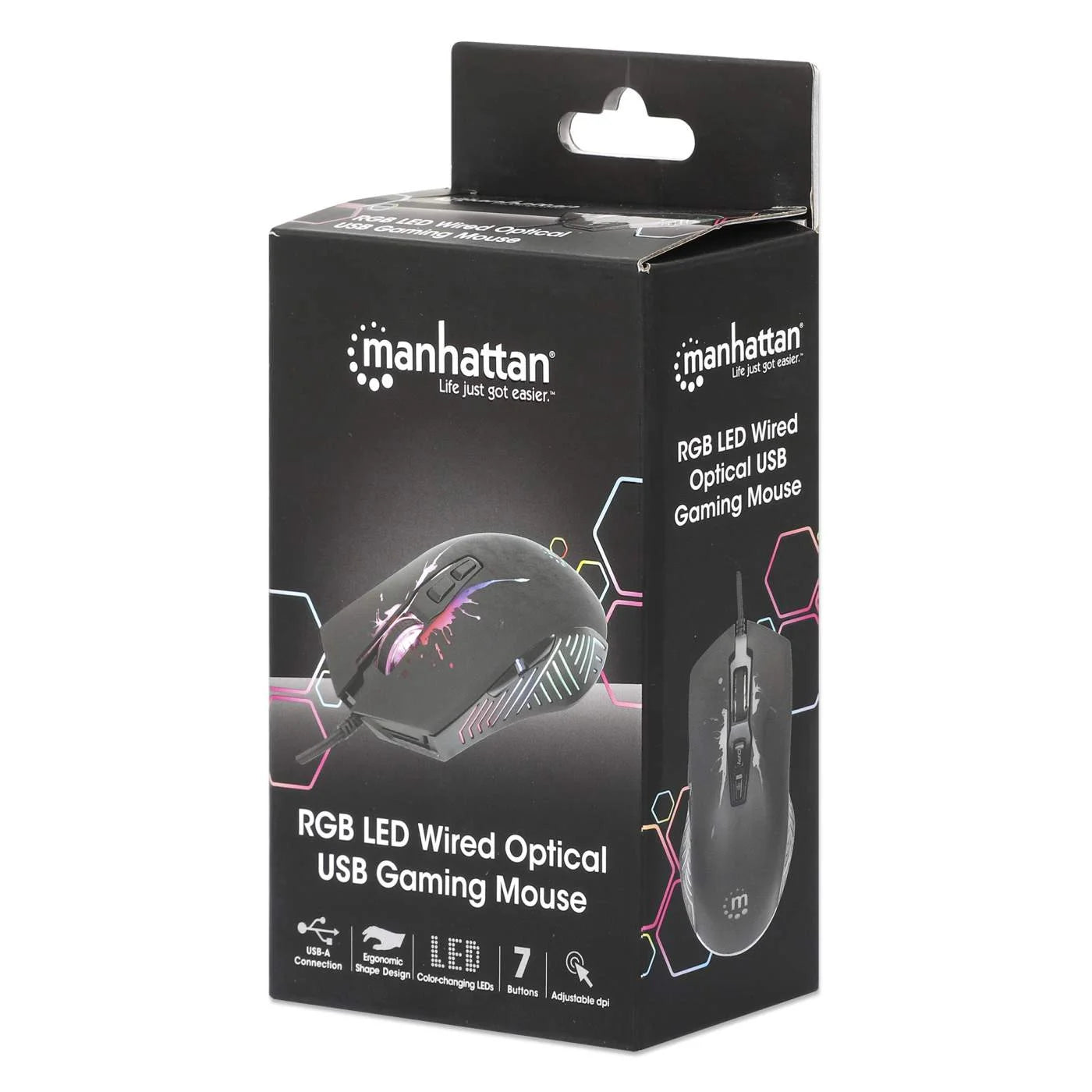RGB LED Wired Optical USB Gaming Mouse, Seven Buttons with Scroll Wheel, 7200 DPI, LED Lighting, Black