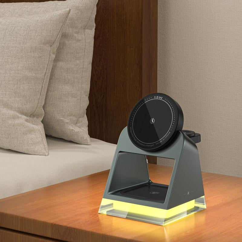 3 in 1 15W Wireless Charger, Multifunctional Chargingstand, Portable Smartphone Charger,Magnetic Wireless Charging Devices for Home Office, Charging Station Compatible with Crystal LED Night Light Suitable for Iphone Iwatch Airpods Cellphone Mobile