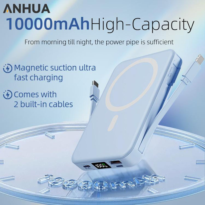 Magnetic Wireless Mobile Power - 10000Mah Mag-Safe Portable Charger 22.5W PD Fast Charging with Built-In Cable LED Display, Magnetic Battery Pack for Iphone 16/15/14/13/12/Pro/Mini/Pro Max Chargeable（Blue）