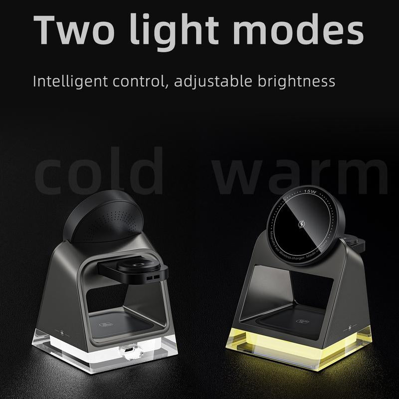3 in 1 15W Wireless Charger, Multifunctional Chargingstand, Portable Smartphone Charger,Magnetic Wireless Charging Devices for Home Office, Charging Station Compatible with Crystal LED Night Light Suitable for Iphone Iwatch Airpods Cellphone Mobile