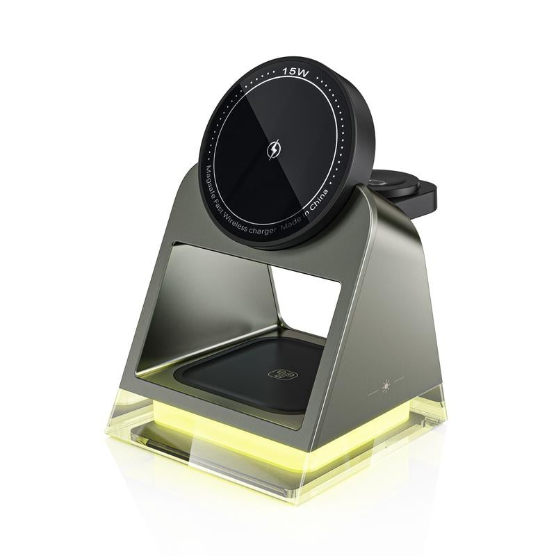 3 in 1 15W Wireless Charger, Multifunctional Chargingstand, Portable Smartphone Charger,Magnetic Wireless Charging Devices for Home Office, Charging Station Compatible with Crystal LED Night Light Suitable for Iphone Iwatch Airpods Cellphone Mobile