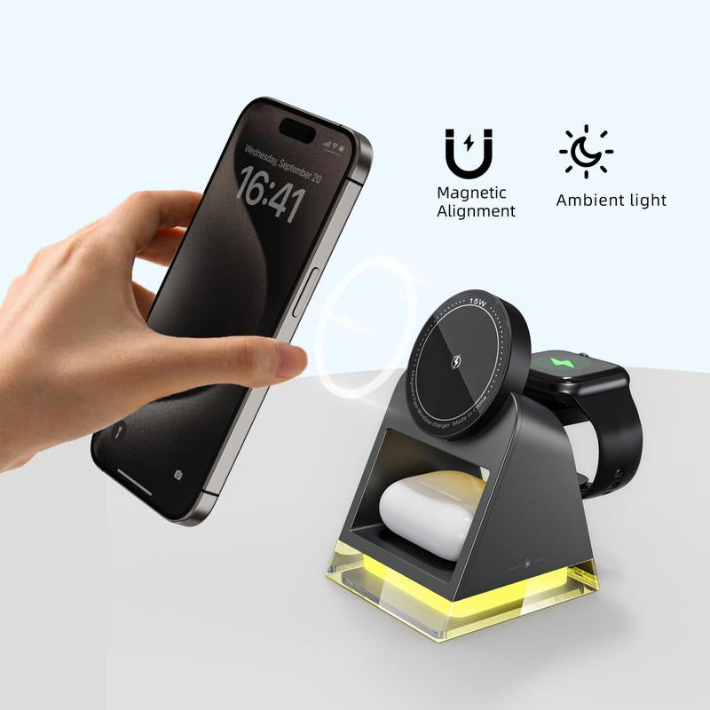 3 in 1 15W Wireless Charger, Multifunctional Chargingstand, Portable Smartphone Charger,Magnetic Wireless Charging Devices for Home Office, Charging Station Compatible with Crystal LED Night Light Suitable for Iphone Iwatch Airpods Cellphone Mobile